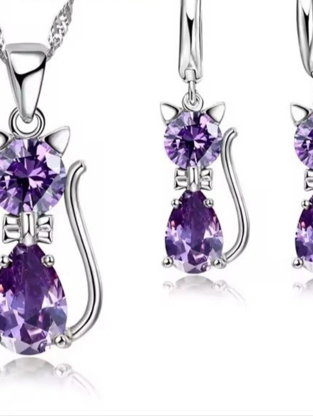 Purple Amethyst CZ Kitty Cat Pendant Necklace Leverback Earring Set Silver Gift